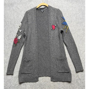 Torrid Sweater Cardigan Womens 00 Gray Open Front Tattoo Heart Rose Bird Pockets